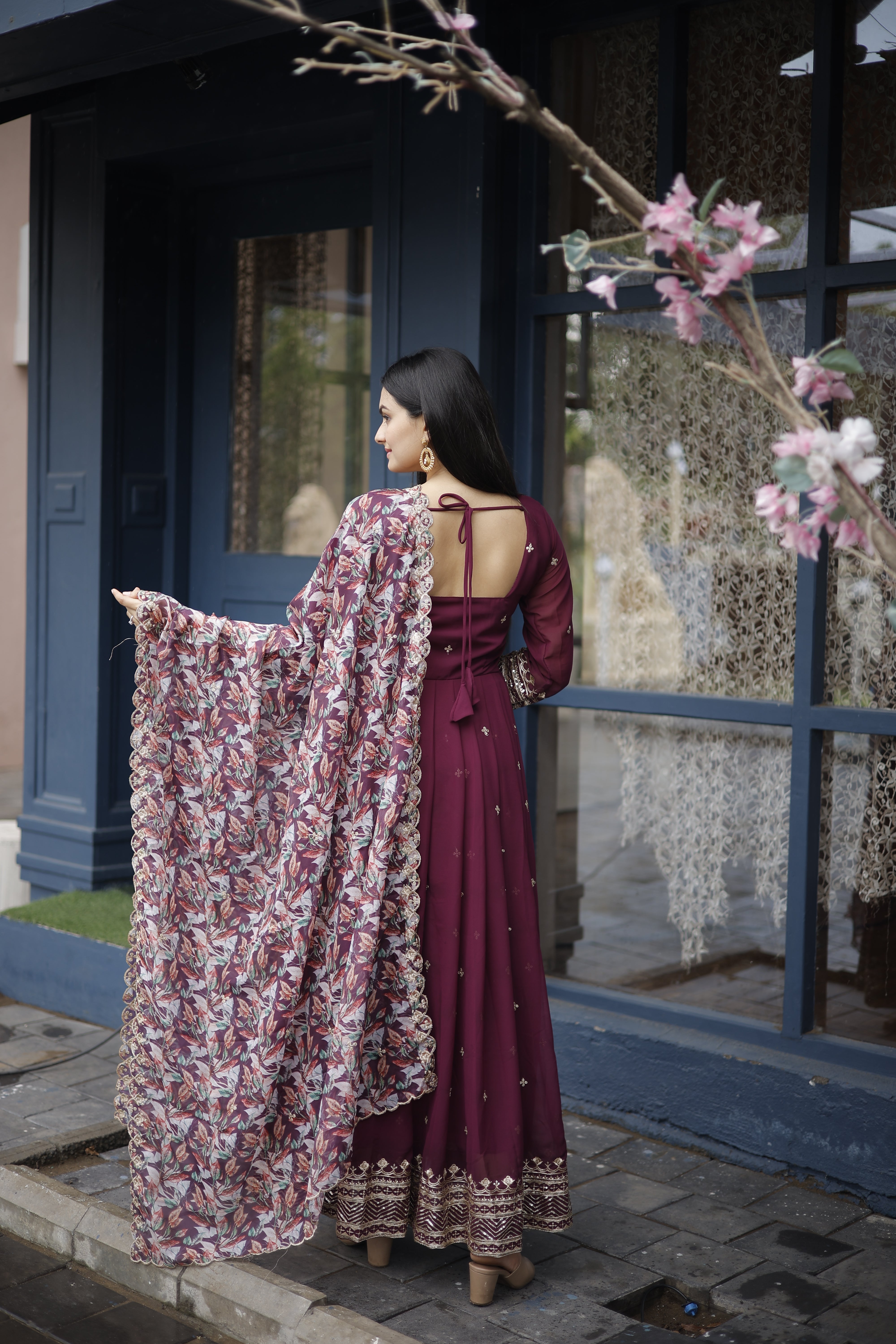 Faux Georgette Embroidered Gown with Dupatta